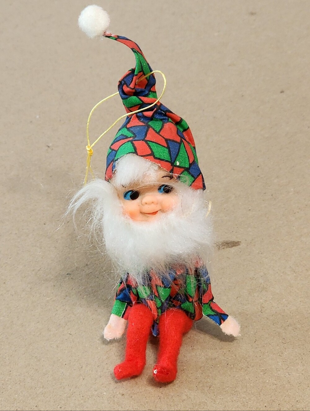 Vintage Pixie Elf Poseable Christmas Retro Geometic Multicolor Tall Hat Rare Des